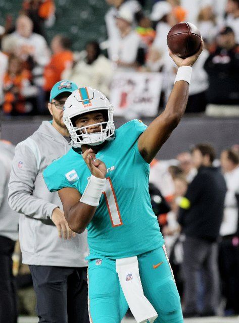 Miami Dolphins quarterback Tua Tagovailoa (1) throws the football before their game against the Cincinnati Bengals at Paycor Stadium, Thursday, September 29, 2022 in Cincinnati, Ohio. Photo by John Sommers II