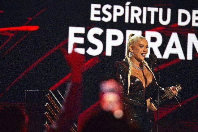 Christina Aguilera after accepting the Spirit of Hope Award on stage at the 2022 Latin Billboard Music Awards at the University of Miami, Watsco Center, Thursday, September 29, 2022 in Coral Gables, Florida. Photo by Gary I Rothstein