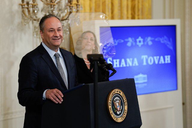 Second Gentleman Douglas Emhoff delivers a speech at a reception to celebrate Rosh Hashanah, the Jewish New Year, at the White House in Washington DC, on Friday, September 30, 2022. Photo by Yuri Gripas