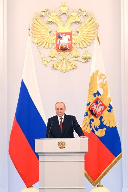 Russian President Vladimir Putin gives a speech during a ceremony formally annexing four regions of Ukraine currently occupied by Russian troops - Lugansk, Donetsk, Kherson and Zaporizhzhia, at the Kremlin in Moscow, Russia on Friday, September 30, 2022. Separatist leaders of annexed Donetsk, Lugansk, Kherson and Zaporizhzhya regions have arrived in Moscow to sign treaties to begin the process of absorbing parts of Ukraine into Russia. Photo by Kremlin Pool
