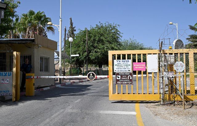 A security checkpoint monitors the entrance to the Vered Yericho Jewish settlement in the Jordan Valley, West Bank, that houses several B&B hosts, on Thursday, September 29, 2022. Booking.com, the online travel agency, has announced that it will add warnings to listings in the Israeli occupied West Bank, cautioning customers reserving accommodations in Israeli Settlements that they are traveling to a disputed, high risk area. Israeli Tourism Minister Yoel Razvozov says he\