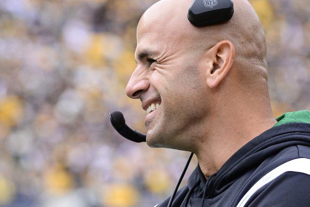 New York Jets head coach Robert Saleh smiles during a timeout in the first quarter of the Jet 24-20 win against the Pittsburgh Steelers at Acrisure Stadium on Sunday, October 2, 2022 in Pittsburgh. Photo by Archie Carpenter