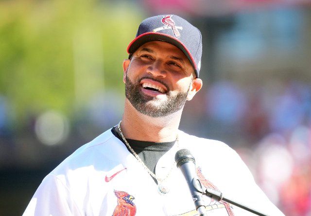 St. Louis Cardinals Albert Pujols smiles to the crowd as he makes his remarks during farewell ceremonies before a game against the Pittsburgh Pirates at Busch Stadium in St. Louis on Sunday, October 2, 2022. Pujols has announced that he will retires after this season. Photo by Bill Greenblatt