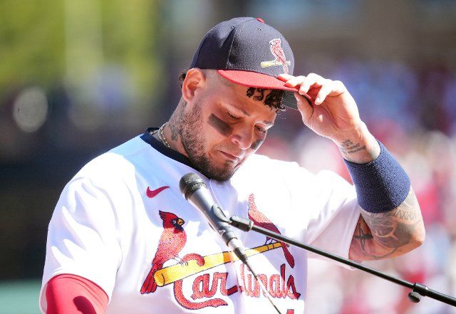 St. Louis Cardinals Yadier Molina gives his emotional remarks during farewell ceremonies before a game against the Pittsburgh Pirates at Busch Stadium in St. Louis on Sunday, October 2, 2022. Molina and teammate Albert Pujols have announced they will retire following this season. Photo by Bill Greenblatt