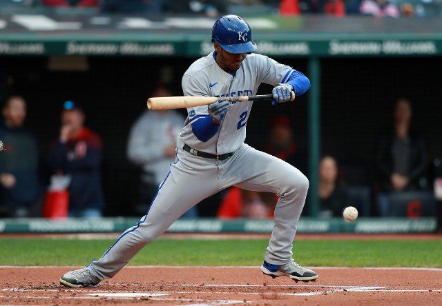 Kansas City Royals Michael A Tayler (2) lays down a bunt against the Cleveland Guardians in the second inning at Progressive Field in Cleveland, Ohio on Monday, October, 2022. Photo by Aaron Josefczyk