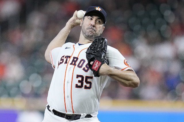 Houston Astros starting pitcher Justin Verlander delivers in the top of the first inning against the Philadelphia Phillies at Minute Maid Park in Houston, Texas on Tuesday, October 4, 2022. Photo by Kevin M. Cox
