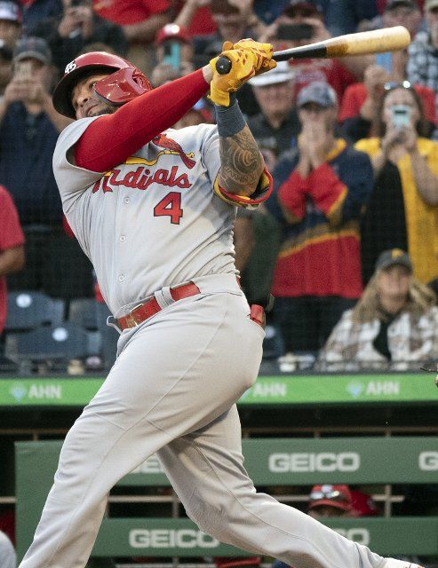 St. Louis Cardinals catcher Yadier Molina (4) at bat late in the Pittsburgh Pirates 5-3 win at PNC Park on Wednesday October, 5 2022 in Pittsburgh. Photo by Archie Carpenter