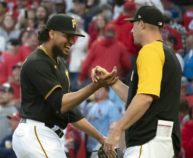 Pittsburgh Pirates relief pitcher Yohan Ramirez (46) celebrates 5-3 win against the St. Louis Cardinals at PNC Park on Wednesday October, 5 2022 in Pittsburgh. Photo by Archie Carpenter