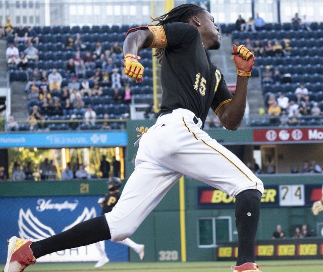 Pittsburgh Pirates shortstop Oneil Cruz (15) rounds third and scores in the fourth inning against the St. Louis Cardinals at PNC Park on Wednesday October, 5 2022 in Pittsburgh. Photo by Archie Carpenter