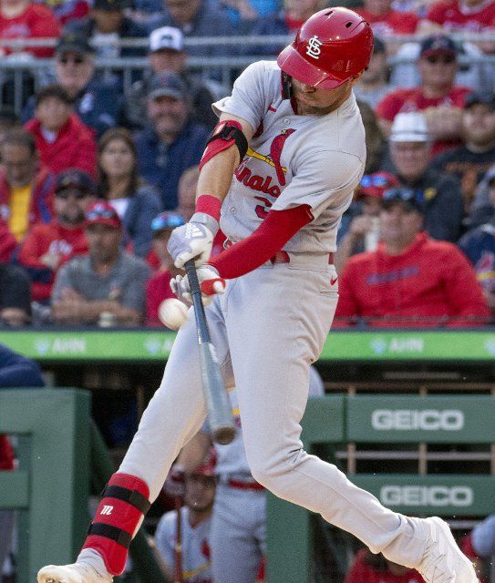 St. Louis Cardinals center fielder Dylan Carlson (3) singles to right in the second inning against the Pittsburgh Pirates at PNC Park on Wednesday October, 5 2022 in Pittsburgh. Photo by Archie Carpenter