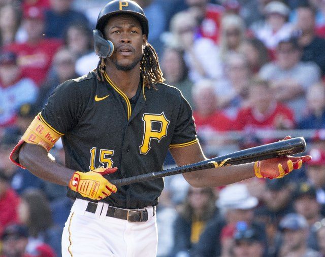 Pittsburgh Pirates shortstop Oneil Cruz (15) react after striking out in the second inning against the St. Louis Cardinals at PNC Park on Wednesday October, 5 2022 in Pittsburgh. Photo by Archie Carpenter