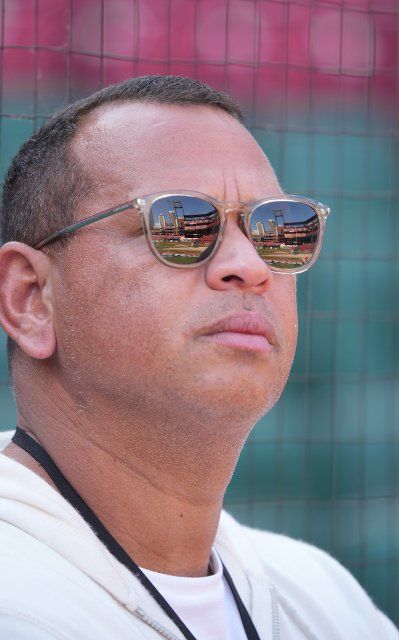 ESPN broadcaster Alex Rodriguez watches the St. Louis Cardinals batting practice at Busch Stadium in St. Louis during a workout session on October 6, 2022. St. Louis will host the Philadelphia Phillies on October 7, 2022 in Game 1 of the Wild Card Elimination Series. Photo by Bill Greenblatt
