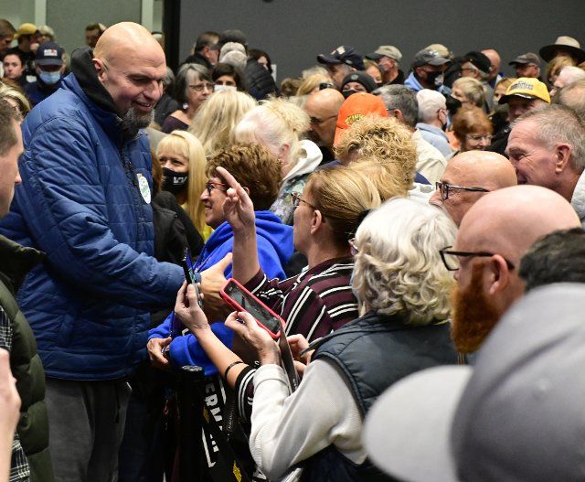 Democratic Senate candidate John Fetterman greets supporters following the rally at the Steamfitters Technology Center UA Local 449 in Harmony, Pennsylvania on Tuesday, October 18, 2022. Photo by Archie Carpenter