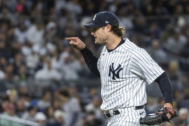 New York Yankees starting pitcher Gerrit Cole yells at the home plate umpire at the end of the sixth inning and is thrown out of the game against the Boston Red Sox at Yankee Stadium on Friday, September 23, 2022 in New York City. Photo by Corey Sipkin
