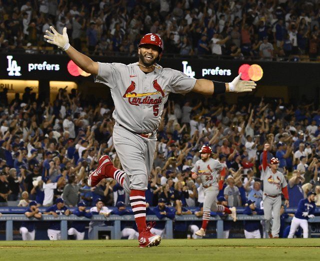 St. Louis Cardinals slugger Albert Pujols celebrates after hitting his 700th career home run in the fourth inning against the Los Angeles Dodgers at Dodger Stadium in Los Angeles on Friday, September 23, 2022. Photo by Jim Ruymen