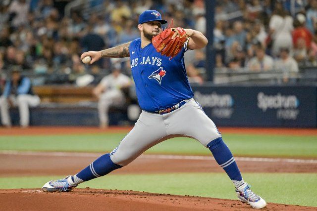 Toronto Blue Jays starter Alex Manoah pitches against the Tampa Bay Rays during the first inning at Tropicana Field in St. Petersburg, Florida on Saturday, September 24, 2022. Photo by Steve Nesius