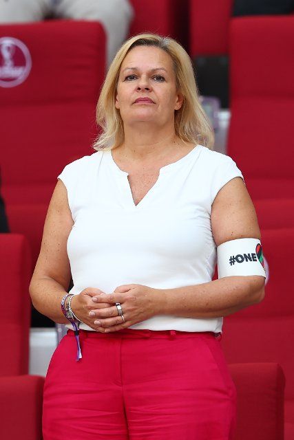 German Federal Minister of the Interior and Community Nancy Faeser looks on wearing a One Love armband during the 2022 FIFA World Cup Group E match at the Khalifa International Stadium in Doha, Qatar on November 23, 2022. Photo by Chris Brunskill