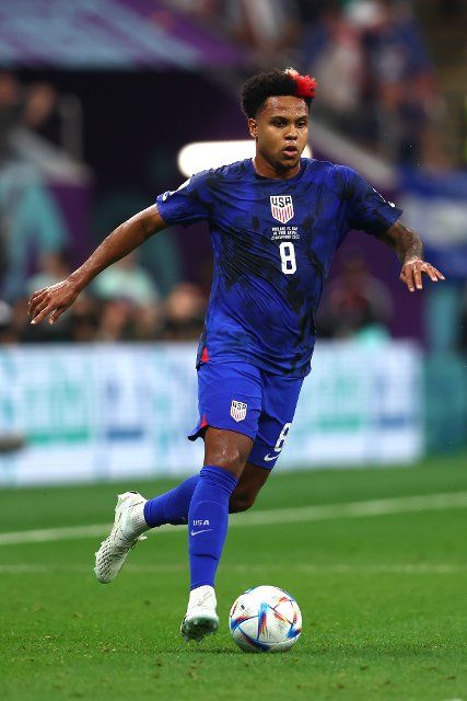 Weston McKennie of USA in action during the 2022 FIFA World Cup Group B match at Al Bayt Stadium in Doha, Qatar on November 25, 2022. Photo by Chris Brunskill
