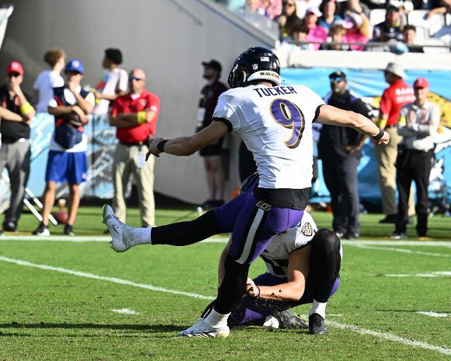 Ravens Kicker Justin Tucker kicks a field goal in the first quarter as the Ravens take on the Jaguars at the TIAA Bank Field in Jacksonville, Florida on Sunday, November 26, 2022. The underdog Jaguars defeated the Ravens 28-27. Photo by Joe Marino\/UPI