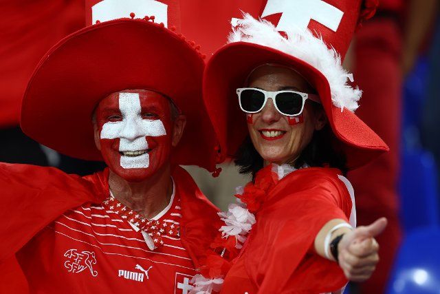Switzerland fans look on during the 2022 FIFA World Cup Group G match at Stadium 974 in Doha, Qatar on November 28, 2022. Photo by Chris Brunskill