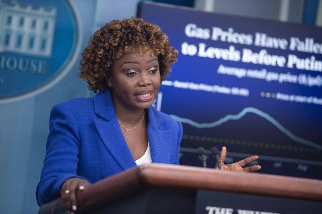 Press Secretary Karine Jean-Pierre speaks during the daily press briefing in the James Brady Briefing Room at the White House in Washington, DC on Monday, November 28, 2022. Photo by Bonnie Cash
