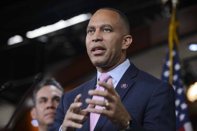 Rep. Hakeem Jeffries, D-NY, speaks during a press conference after House Democrats voted on new leadership at the U.S. Capitol in Washington, DC on Wednesday, November 30, 2022. Jeffries was elected House minority leader, making him the most powerful Democrat in the House and the first Black congressional leader in history. Photo by Bonnie Cash