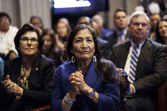 Secretary of the Interior Deb Haaland and Sen. Jacky Rosen, D-NV, sits in the audience during the White House Tribal Nations Summit at the Department of the Interior in Washington, DC, on Wednesday, November 30, 2022. It was the government\