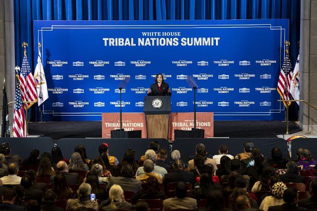 Vice President Kamala Harris speaks at the White House Tribal Nations Summit at the Department of the Interior in Washington, DC, on Wednesday, November 30, 2022. The summit is allowing federal officials and Tribal leaders to engage about ways to invest in and strengthen Native communities, according to the White House. Photo by Al Drago