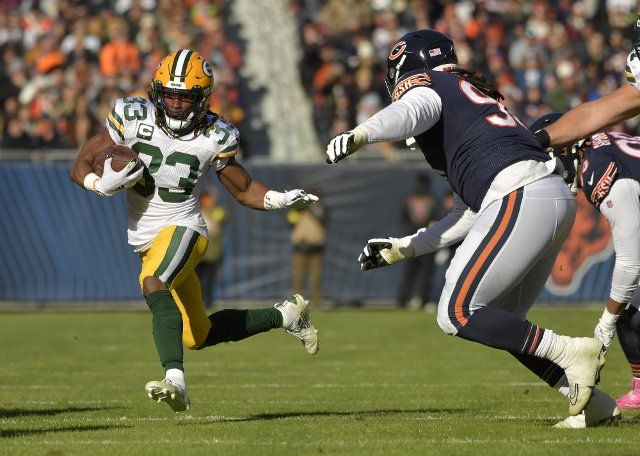 Green Bay Packers running back Aaron Jones (33) runs the ball against the Chicago Bears at Soldier Field in Chicago on Sunday, December 4, 2022. Photo by Mark Black\/UPI