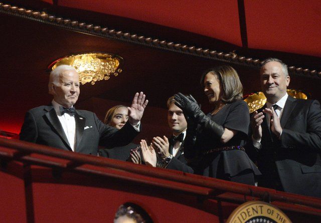 President Joe Biden (L) is joined by Vice President Kamala Harris and Second Gentleman Doug Emhoff as they attend the 45th Kennedy Center Honors ceremony in Washington, DC on Sunday, December 4, 2022. The Honorees are George Clooney, Singer Gladys Knight, singer-songwriter Amy Grant, Knight, composer Tania Leon, and Irish rock band U2, comprised of band members Bono, The Edge, Adam Clayton, and Larry Mullen Jr. Photo by Bonnie Cash