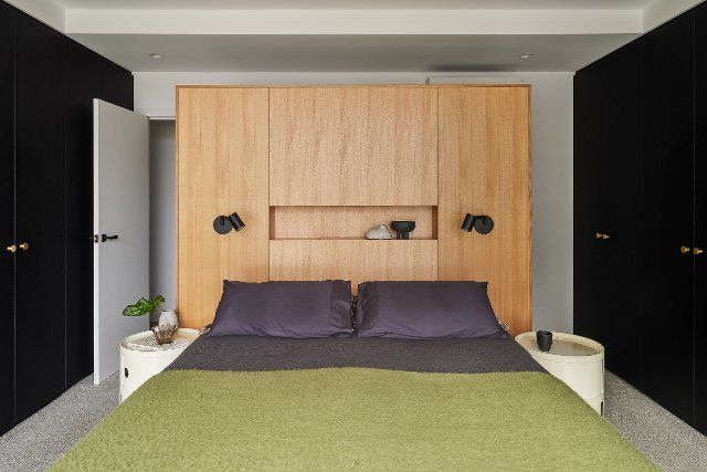 Master bedroom with floating wardrobe and bedhead. Birchgrove House, Sydney, Australia. Architect: TW Architects, 2021