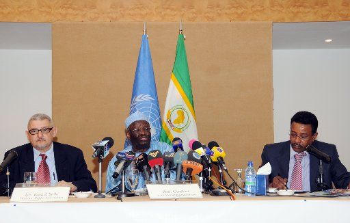 (110216) -- KHARTOUM Feb. 16 2011 (Xinhua) -- Ibrahim Gambari (C) head of the United Nations-African Union Mission in Darfur (UNAMID) speaks during a press conference held in Khartoum Sudan Feb. 16 2011. The UNAMID on Wednesday expressed ...