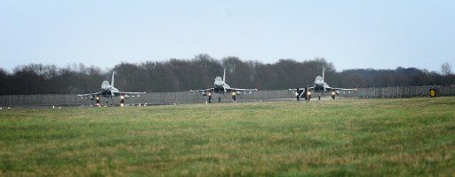 (110320) -- LONDON March 20 2011 (Xinhua) -- Photo released on March 20 by the British Ministry of Defense (MoD) shows RAF Typhoon aircrafts preparing to depart RAF Coningsby in Lincolnshire to take part in the military operation against Libya. ...