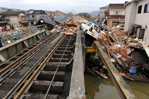 (110321) -- MIYAGI-KEN March 21 2011 (Xinhua) -- This photo taken on March 21 2011 shows the railway devastated during the earthquake in Kesennuma Miyagi-ken in Japan March 21 2011. Japan\