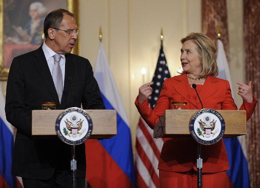 (110713) -- WASHINGTON D.C. July 13 2011 (Xinhua) -- U.S. Secretary of State Hillary Clinton (R) and visiting Russian Foreign Minister Lavrov attend a joint press briefing in Washington D.C. capital of the United States July 13 2011. (...