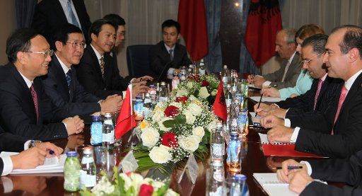 (110803) -- TIRANA Aug. 3 2011 (Xinhua) -- Visiting Chinese Foreign Minister Yang Jiechi (L) meets with his Albanian counterpart Edmond Haxhinasto (R) in Tirana Albania Aug. 3 2011. (Xinhua\/Yang Ke) (zw)