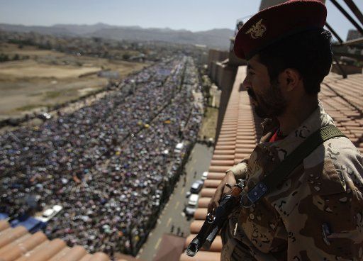 (111029) -- SANAA  Oct. 29 2011 (Xinhua) -- A soldier guards on the roof during the demonstration in Sanaa Yemen Oct. 28 2011. (Xinhua\/Mohammed) (xhn)