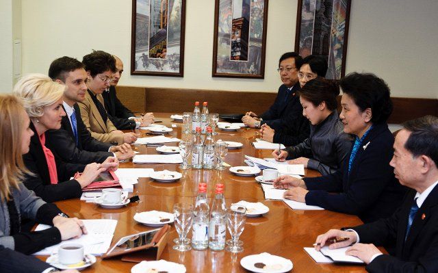 (121205) -- MOSCOW, Dec. 5, 2012 (Xinhua) -- Chinese State Councilor Liu Yandong (2nd R) meets with Russian Deputy Prime Minister Olga Golodets (2nd L) in Moscow, Russia, Dec. 5, 2012. Liu and Golodets co-chaired the 13th session of the China-Russia ...