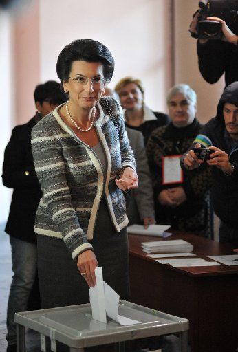(131027) -- TBILISI, Oct. 27, 2013 (Xinhua) -- Presidential candidate and former parliament speaker Nino Burjanadze casts her vote at a polling station in Tbilisi, capital of Georgia, on Oct. 27, 2013. Georgians went to the polls Sunday to elect a ...