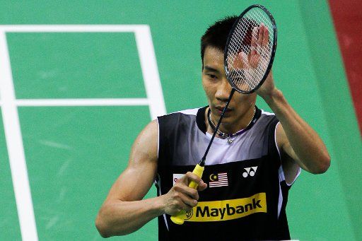 (140403) -- NEW DELHI, April 3, 2014 (Xinhua) -- Lee Chong Wei of Malaysia gestures during the men\