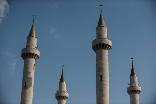 (140325) -- ABU GHOSH, March 25, 2014 (Xinhua) -- Minarets of Akhmad Kadyrov Mosque are seen in Abu Ghosh, about ten kilometers west to Jerusalem, on March 24, 2014. Akhmad Kadyrov Mosque, for which Russia\