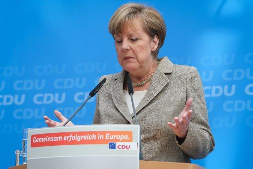 (140526) -- BERLIN, May 26, 2014 (Xinhua) -- German Chancellor and leader of the Christian Democratic Union (CDU) Angela Merkel attends a press conference at CDU\