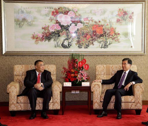 (140913) -- MACAO, Sept. 13, 2014 (Xinhua) -- Chinese Vice Premier Wang Yang (R) meets with Chui Sai On, chief executive of the Macao Special Administrative Region (SAR), during the 8th APEC Tourism Ministerial Meeting in Macao, south China, Sept. ...