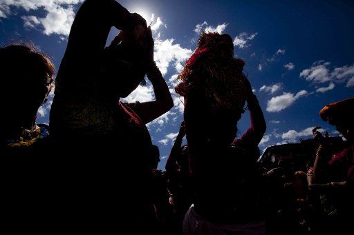 (140902) -- KATHMANDU, Sept. 2, 2014 (Xinhua) -- Nepalese women celebrate the Gaura Parva festival in Tundikhel of Kathmandu, Nepal, Sept. 2, 2014. The Gaura festival is mostly celebrated by people of far western part of Nepal and Goddess Gauri is ...