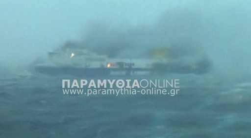 (141228) -- ATHENS, Dec. 28, 2014 (Xinhua) -- Photo from a Greek website shows a view of an Italian-flagged ferry that caught fire off the Greek island of Corfu on Dec. 28, 2014. Adverse weather conditions were hampering ongoing international ...