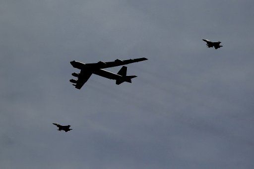 (150518) -- MUDAWWARA, May 18, 2015 (Xinhua) -- A US strategic bomber B-52 takes part in joint Jordan-US maneuvers during the "Eager Lion" military exercises in Mudawwara, near the border with Saudi Arabia, some 280 kilometres south of the Jordanian ...