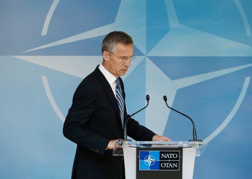 (150624) -- BRUSSELS, June. 24, 2015 (xinhua) -- NATO Secretary General Jens Stoltenberg arrives to address the press ahead of the NATO defense ministers\