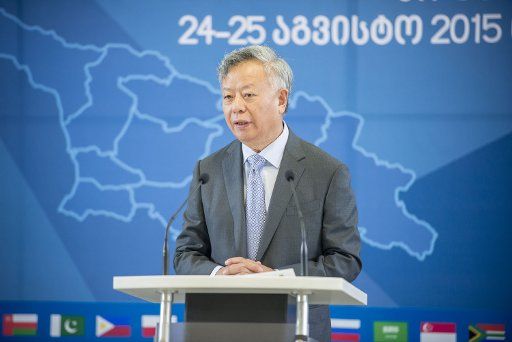 (150825) -- TBILISI, Aug. 25, 2015 (Xinhua) -- Jin Liqun, the official candidate for the president of the Asian Infrastructure Investment Bank (AIIB), delivers a speech at a press conference in Tbilisi, Georgia, on Aug. 25, 2015. The 6th Chief ...