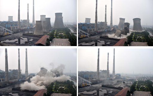 (150811) -- JINAN, Aug. 11, 2015 (Xinhua) -- Combined photo taken on Aug. 11, 2015 shows the demolition of seven coal-fired units with a total capacity of 680,000 kilowatts in Chiping County, east China\