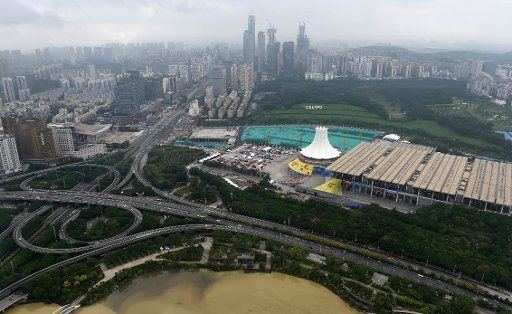 (150918) -- NANNING, Sept. 18, 2015 (Xinhua) -- Aerial photo taken on Sept. 18, 2015 shows the Nanning International Convertion and Exhibition Center where the 12th China-ASEAN Expo and the China-ASEAN Business and Investment Summit is held in ...